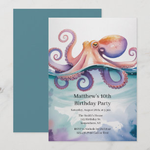 Watercolor Octopus Age Kids Birthday Party Invitation
