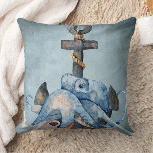 Watercolor Octopus and Anchor Nautical Beach Throw Pillow