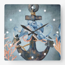 Watercolor Octopus and Anchor Sea Life Beach