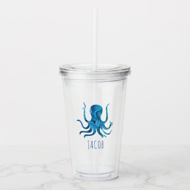 Watercolor Octopus Marine Kids Personalized Acrylic Tumbler (Front)