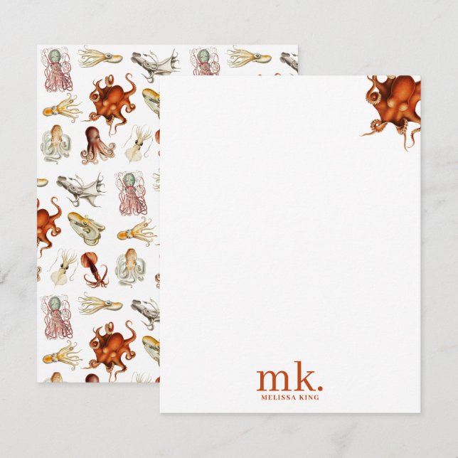 Watercolor Octopus Ocean Animals Pattern Monogram Card (Front/Back)