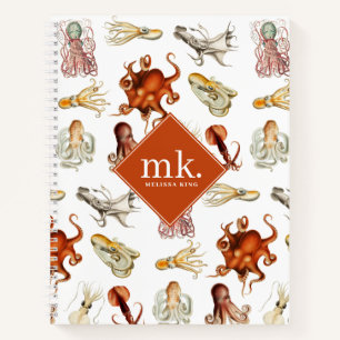 Watercolor Octopus Ocean Animals Pattern Monogram Notebook