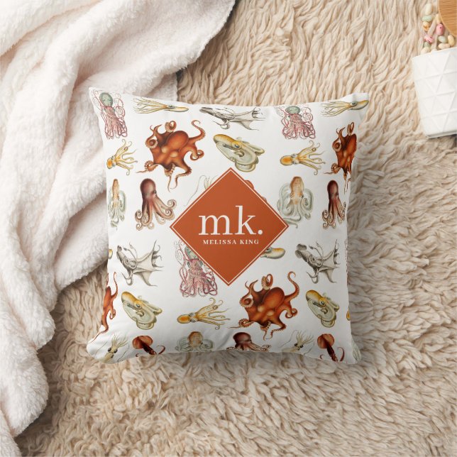 Watercolor Octopus Ocean Animals Pattern Monogram Throw Pillow (Blanket)
