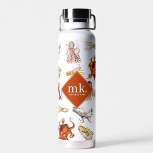 Watercolor Octopus Ocean Animals Pattern Monogram Water Bottle