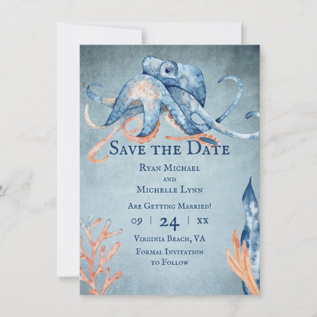 Watercolor Octopus Sea Life Beach Wedding Save The Date (Front)