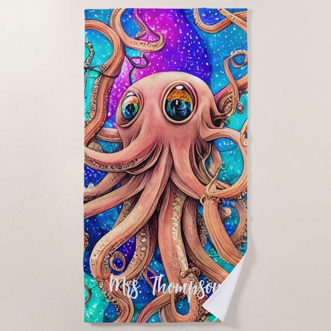 Watercolor Octopus with Personalized Name Beach Towel (Front)