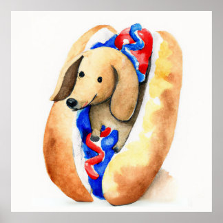 Watercolor of a Dachshund in a Hot Dog Bun Poster