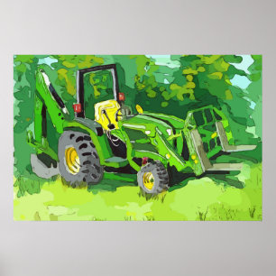 Watercolor of a green tractor, backhoe, forklift poster