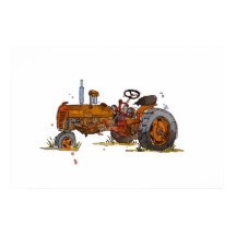 Watercolor of a rusty old orange tractor
