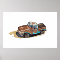 Watercolor of a rusty old pick up truck