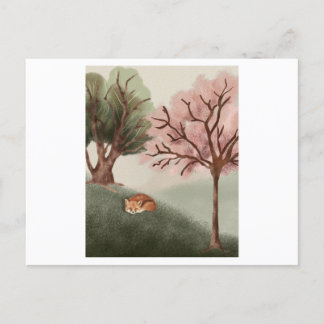 Watercolor of a sleeping fox and a beautiful view postcard