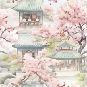 Watercolor of Asian Pagoda Amidst Cherry Blossoms