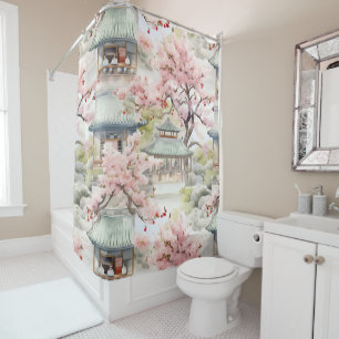 Watercolor of Asian Pagoda Amidst Cherry Blossoms