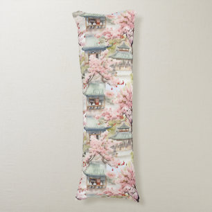 Watercolor of Asian Pagoda Amidst Cherry Blossoms Body Pillow