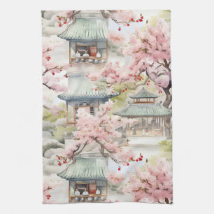 Watercolor of Asian Pagoda Amidst Cherry Blossoms Kitchen Towel