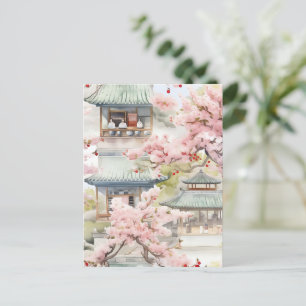 Watercolor of Asian Pagoda Amidst Cherry Blossoms Postcard