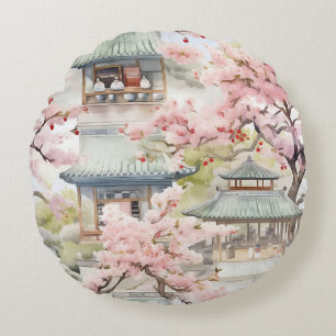 Watercolor of Asian Pagoda Amidst Cherry Blossoms Round Pillow