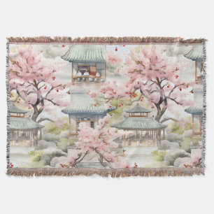 Watercolor of Asian Pagoda Amidst Cherry Blossoms Throw Blanket