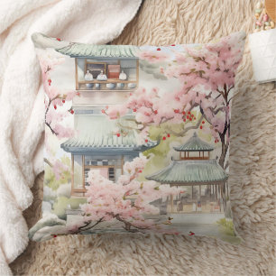 Watercolor of Asian Pagoda Amidst Cherry Blossoms Throw Pillow