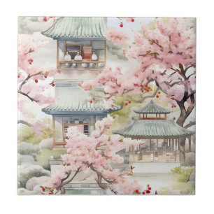 Watercolor of Asian Pagoda Amidst Cherry Blossoms Tile