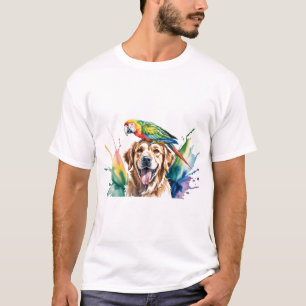 Watercolor of Macaw and a Golden retriever T-Shirt