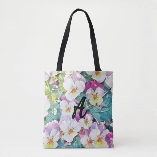 Watercolor of pink, yellow, white pansies Monogram Tote Bag (Front)