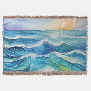 Watercolor of sea waves under the sun throw blanket