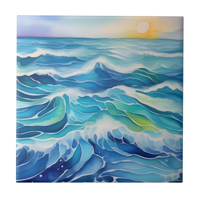 Watercolor of sea waves under the sun tile (Front)