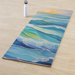 Watercolor of sea waves under the sun yoga mat