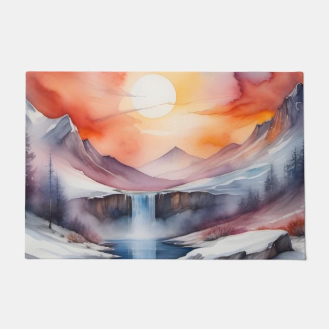 Watercolor of snow covered mountains under sunset doormat (Front)