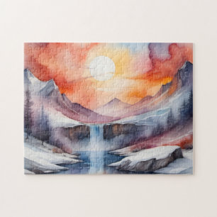 Watercolor of snow covered mountains under sunset jigsaw puzzle