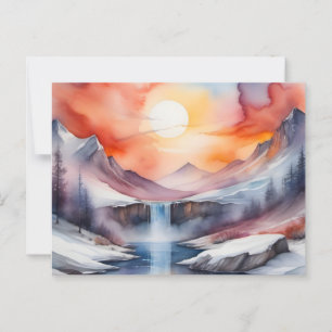 Watercolor of snow covered mountains under sunset postcard