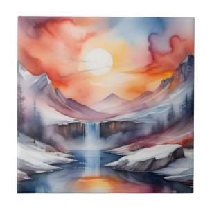 Watercolor of snow covered mountains under sunset tile