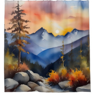 Watercolor of sunrise over snow covered mountains