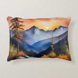 Watercolor of sunrise over snow covered mountains accent pillow