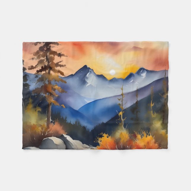 Watercolor of sunrise over snow covered mountains fleece blanket (Front (Horizontal))