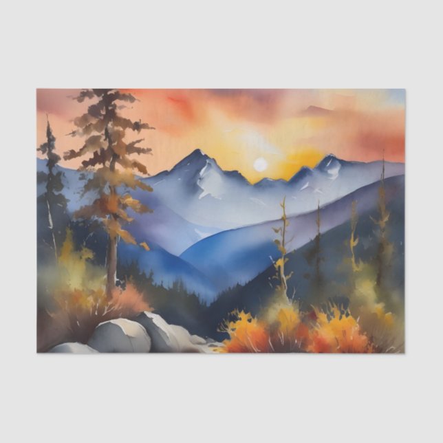 Watercolor of sunrise over snow covered mountains tissue paper (Front)