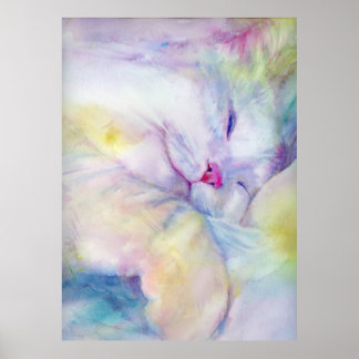 watercolor of  white cat sleeping on a white sheet poster