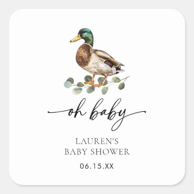 Watercolor Oh Baby Mallard Duck Baby Shower Square Sticker (Front)