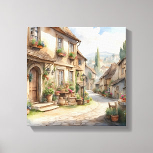 Watercolor old European village with rustic view. Canvas Print