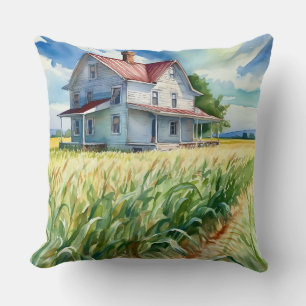 Watercolor Old Farmhouse and Corn Field Throw Pillow