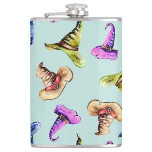 Watercolor old hats: blue background. hip flask