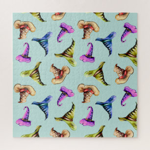 Watercolor old hats: blue background. jigsaw puzzle