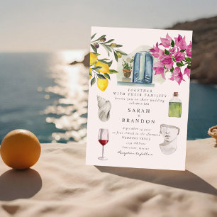 Watercolor Olive Blue tile Greece Wedding Invitation