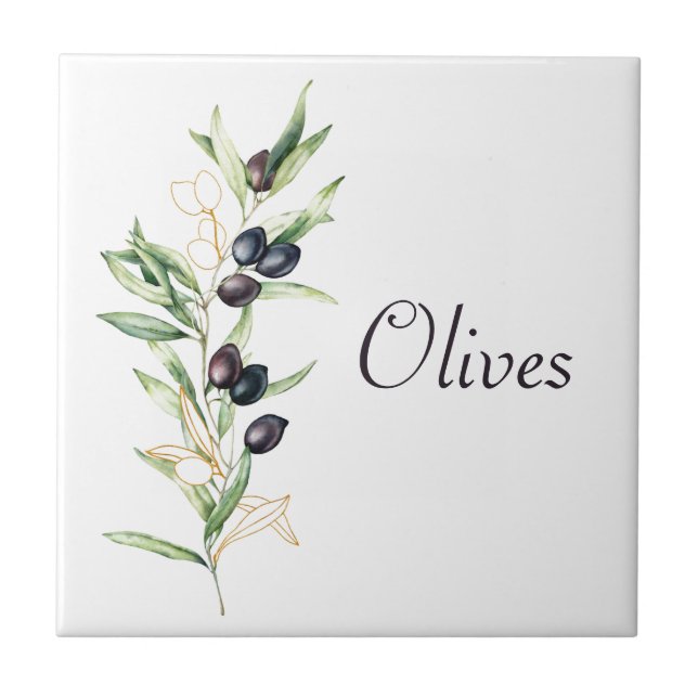 Watercolor Olive Branch Ceramic Tile (Front)