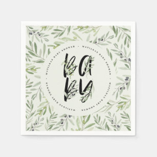 Watercolor olive branch foliage baby shower party napkin