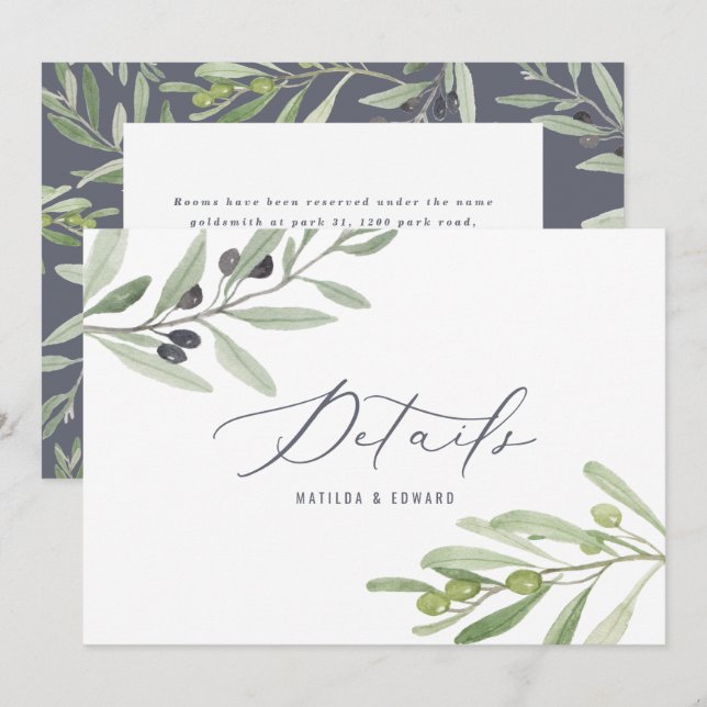 Watercolor olive branch foliage wedding details announcement (Front/Back)