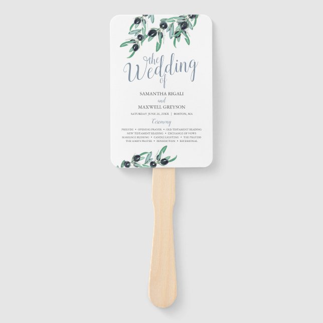 Watercolor Olive Branch Greenery Paper Wedding Fan (Front)