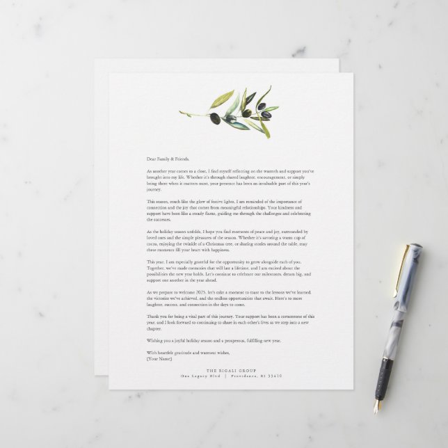 Watercolor Olive Branch Letterhead Template (Front/Back In Situ)