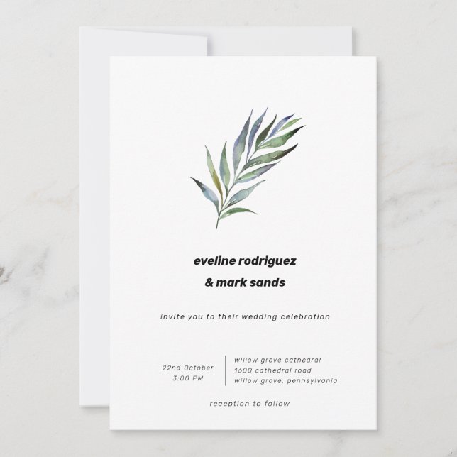 Watercolor Olive Branch Minimalist Wedding Invitation (Front)